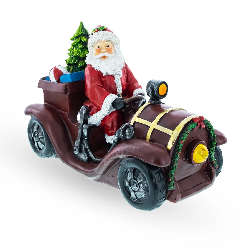 Santa Driving Classic Car with LED Lights Figurine 10.5 Inches Long