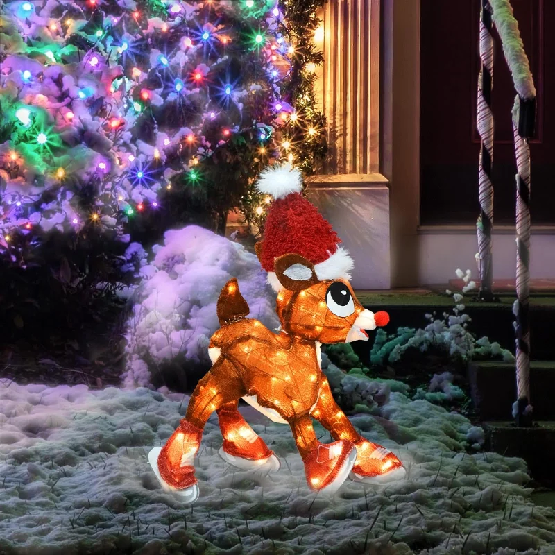 24" Rudolph the Red-Nosed Reindeer Ice Skating LED 3-Dimensional Tinsel Sculpture