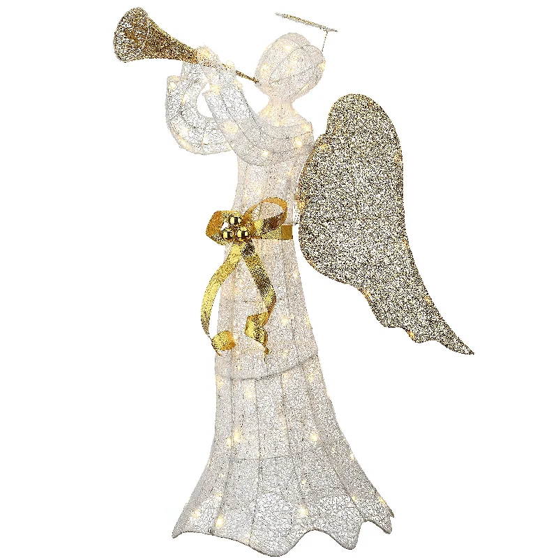 51 in. Trumpeting Gold and White Angel with Warm White LED Lights