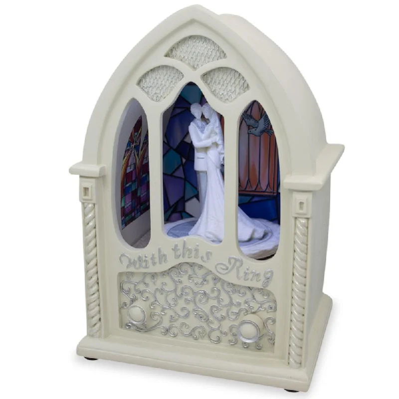 Wedding Ceremony in Chapel LED Rotating Music Box Figurine 6.75 Inches