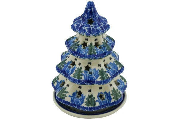 6" Christmas Tree Candle Holder - Blue Rosette Wreath