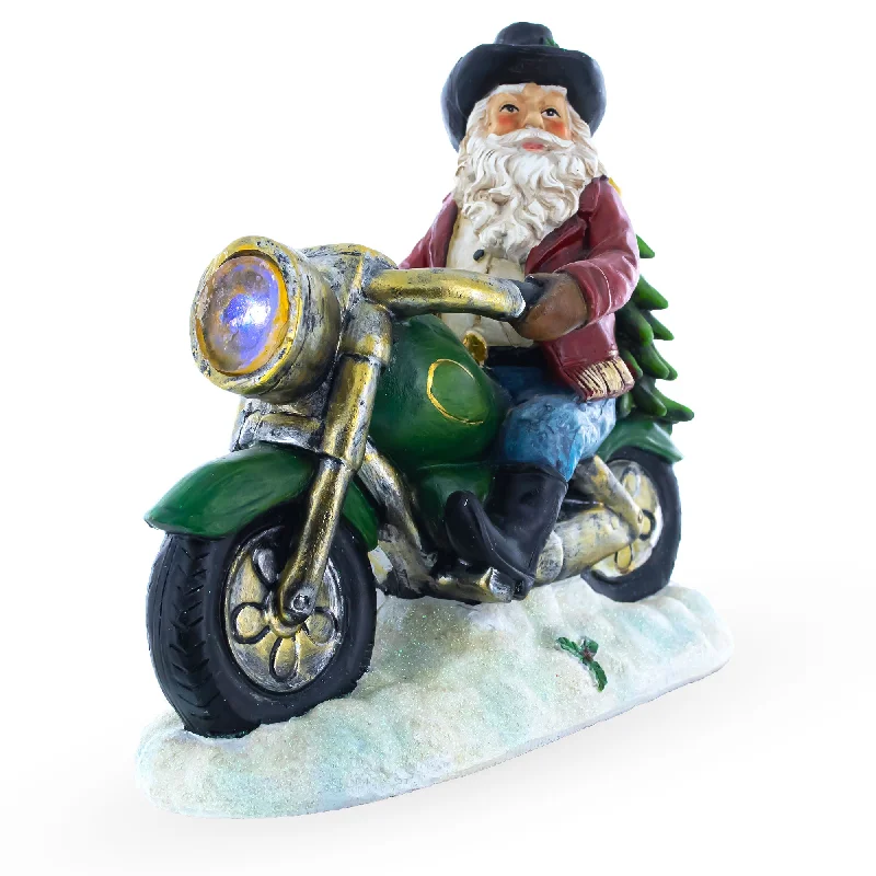 Santa the Cowboy Riding Motorcycle LED Light Figurine 8.5 Inches