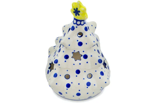 8" Christmas Tree Candle Holder - Azure Polka