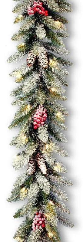 9' Pre-Lit Snowy New Balsam Fir Garland with Pine Cones, Berries and Clear Lights