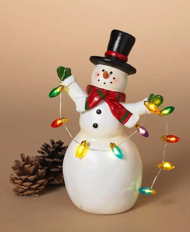 8.2" Battery-Operated Lighted Resin Snowman Figurine with Light String