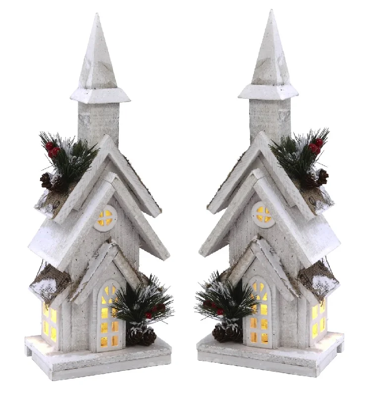 15" Battery-Operated Lighted Wooden Church with Pine & Berry Accent With Timer