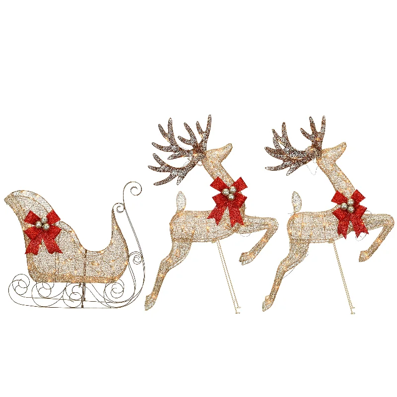 42 in. Glittered Mesh Fabric Deer with 27 in. Sleigh and Lights