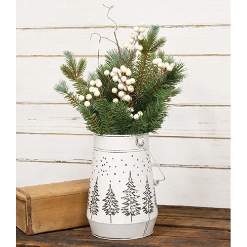 Distressed White Metal Winter Trees Etched Bucket