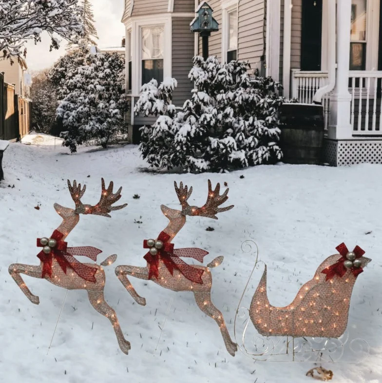 3-Piece Pre-Lit Reindeer & Sleigh Glitter Mesh Yard Art