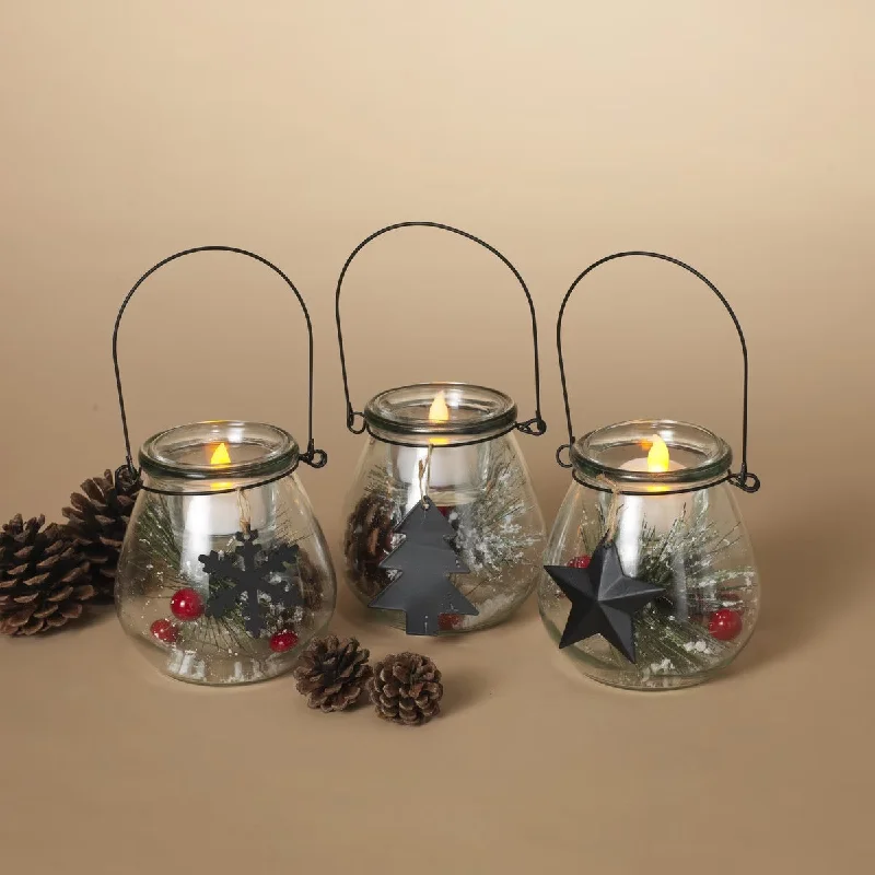 4.3" Holiday Glass Lantern with Tealight Holder and Floral Accent