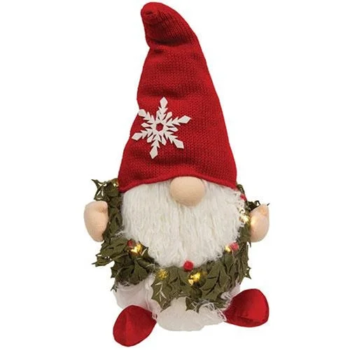 Holly Wreath Gnome w LED Lights