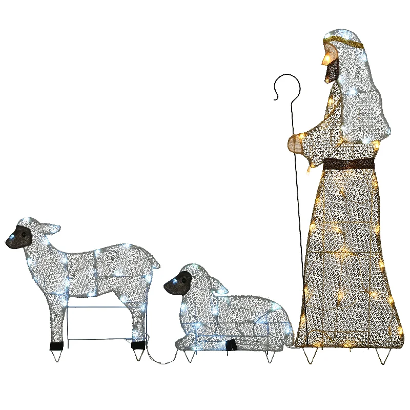 41 in., 18 in. and 12 in. Fabric Glitter Shepherd and Sheep Set with Warm and Cool White Steady LED Lights