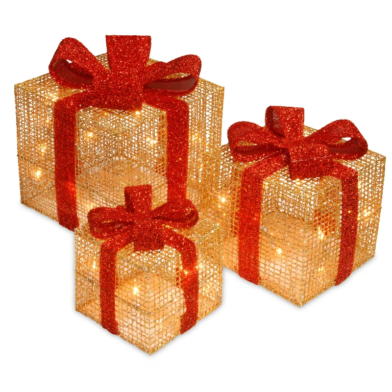 Pre-Lit Gold Gift Boxes, Set of Three, 35 White Lights