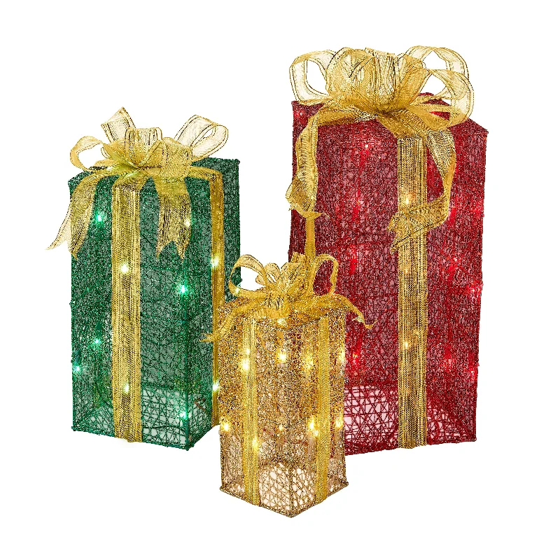 Pre-Lit Multicolor Gift Boxes, Set of Three, White Lights