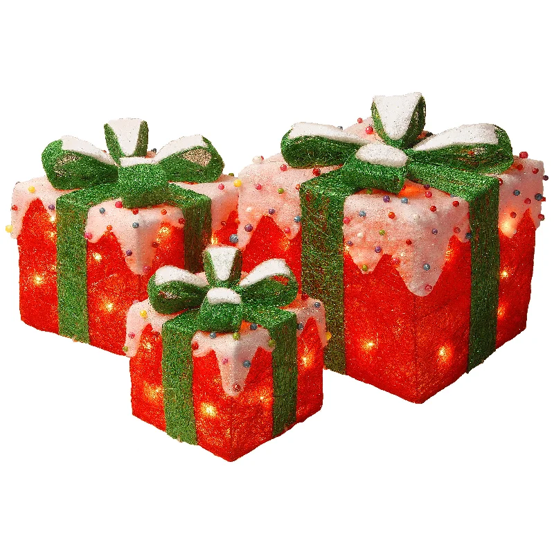 Pre-Lit Red and White Gift Boxes, Set of Three, White Lights