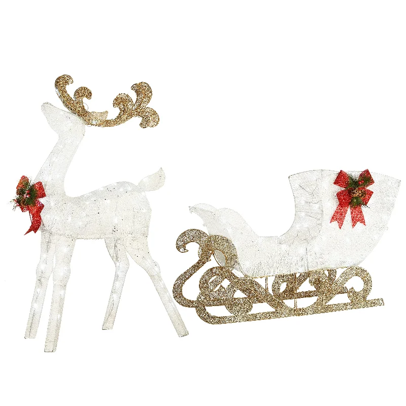 48 in. Pre Lit Sisal Reindeer and Sleigh Decoration with Cool White LED Lights