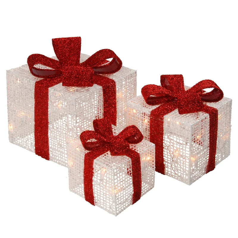 Pre-Lit White Gift Boxes, Set of Three, White Lights