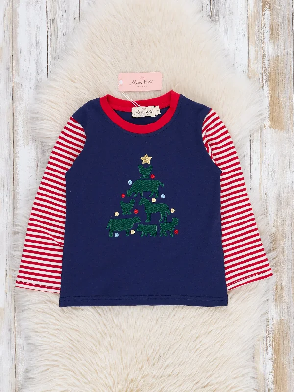 Navy & Red Stripe Embroidered Tree Raglan Shirt