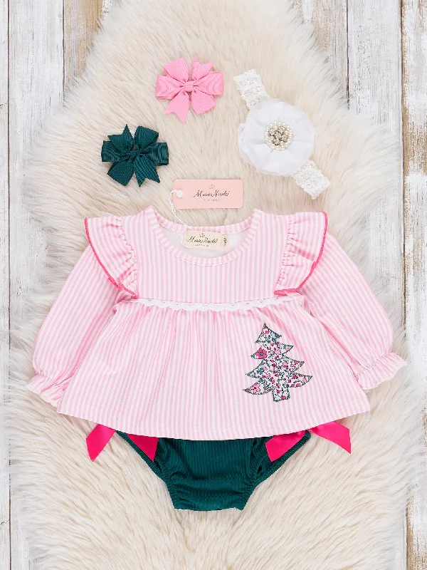 Pink Striped Embroidered Floral Trees Bloomers Outfit