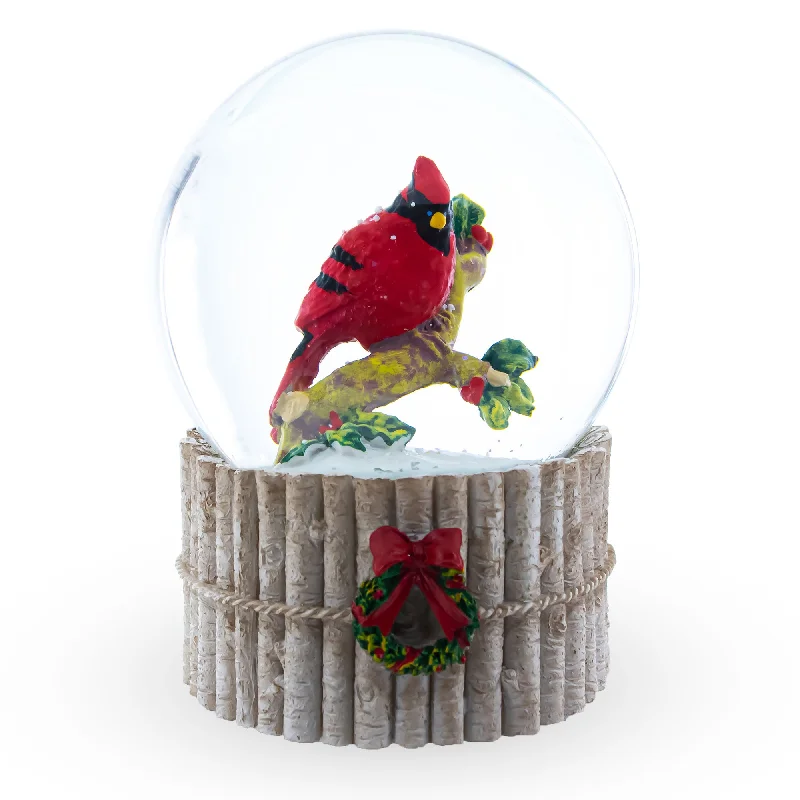 Red Cardinal on Birch Tree and Wreath Musical Water Globe