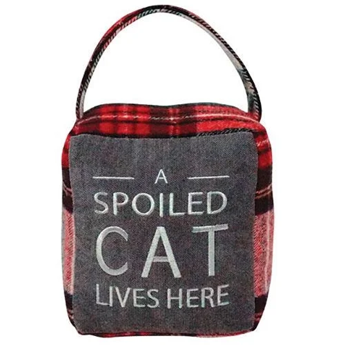 Red & Gray Plaid A Spoiled Cat Lives Here Doorstop