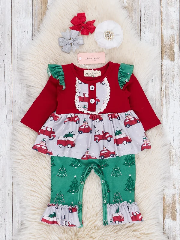 Red & Grey Tree Cars Ruffle Romper