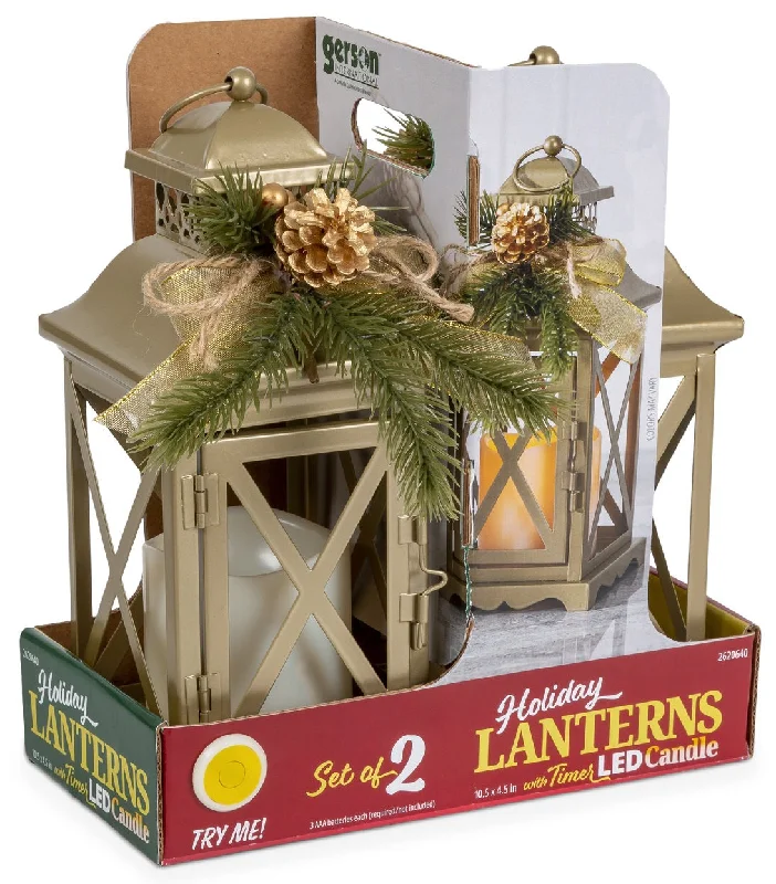 Set of 2 Battery Operated Lighted Christmas Holiday Lanterns with Floral Accents and Timer