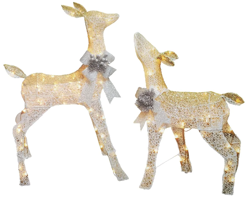 Set of 2 Lighted White Reindeer Sculptures (Doe & Fawn)