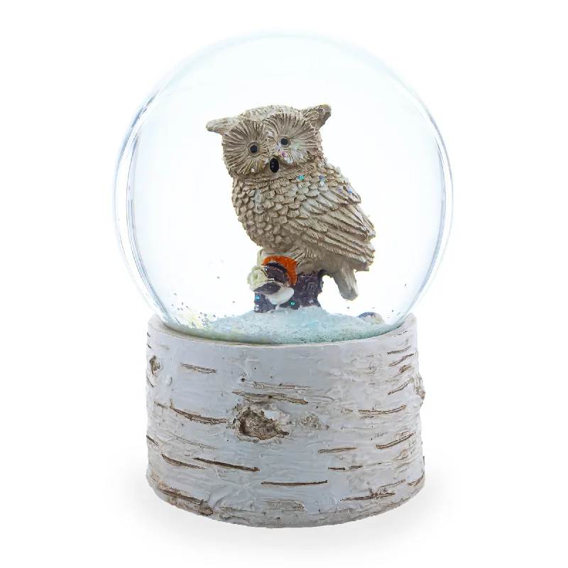 Owl Perched on Tree Branch Musical Water Snow Globe