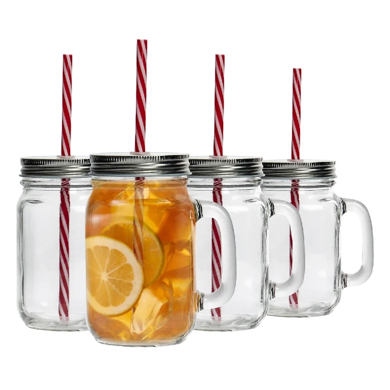 450ml Mason Drinking Jar Glasses with Straws - Pack of Four - By Rink Drink