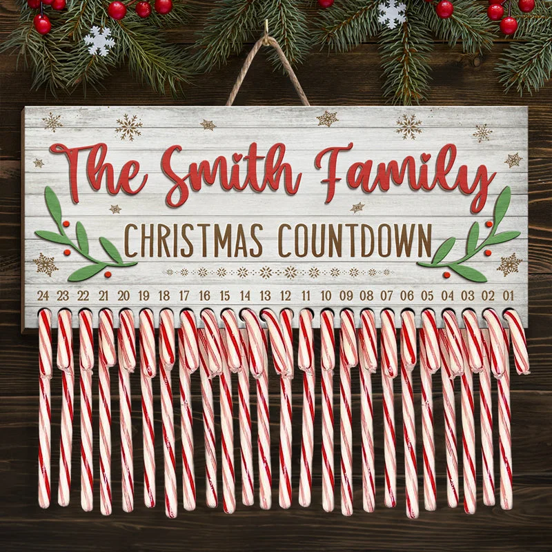 Christmas Kisses And Candy Cane Wishes - Family Personalized Custom Candy Christmas Countdown Wooden Sign, Advent Calendar - Christmas Gift For Family Members