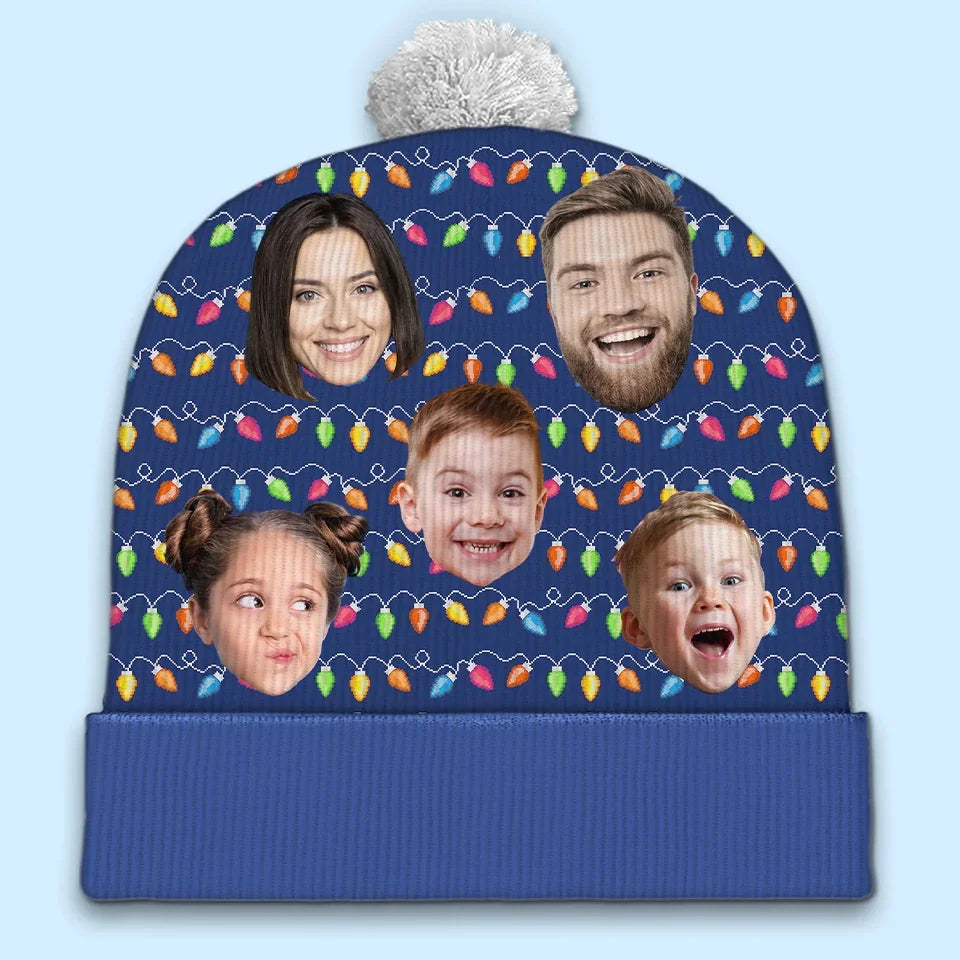 Custom Photo Family Brings Us Peace - Family Personalized Custom Christmas Beanie Hat - Christmas Gift For Family Members