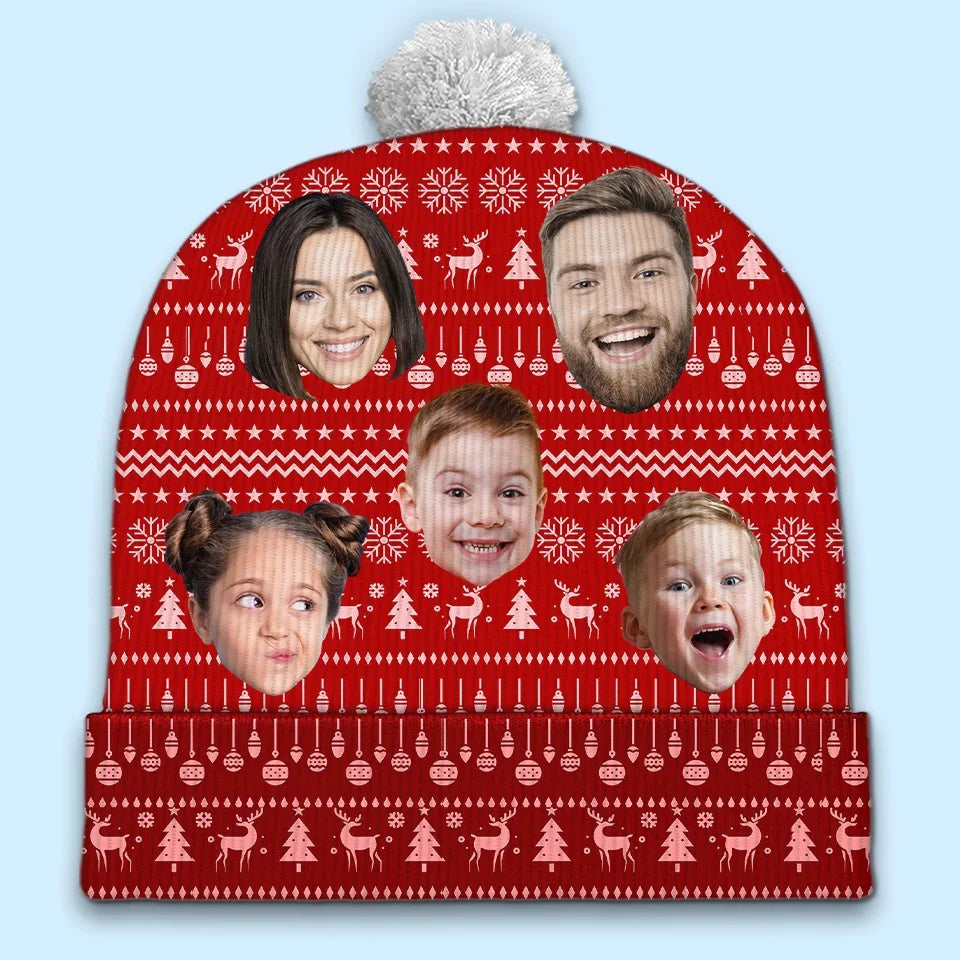 Custom Photo Family Is The Heart Of Christmas Joy - Family Personalized Custom Christmas Beanie Hat - Christmas Gift For Family Members