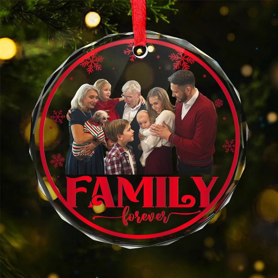 Custom Photo Family Love Grows Warmer At Christmas - Family Personalized Custom Circle Glass Ornament - Christmas Gift For Family Members