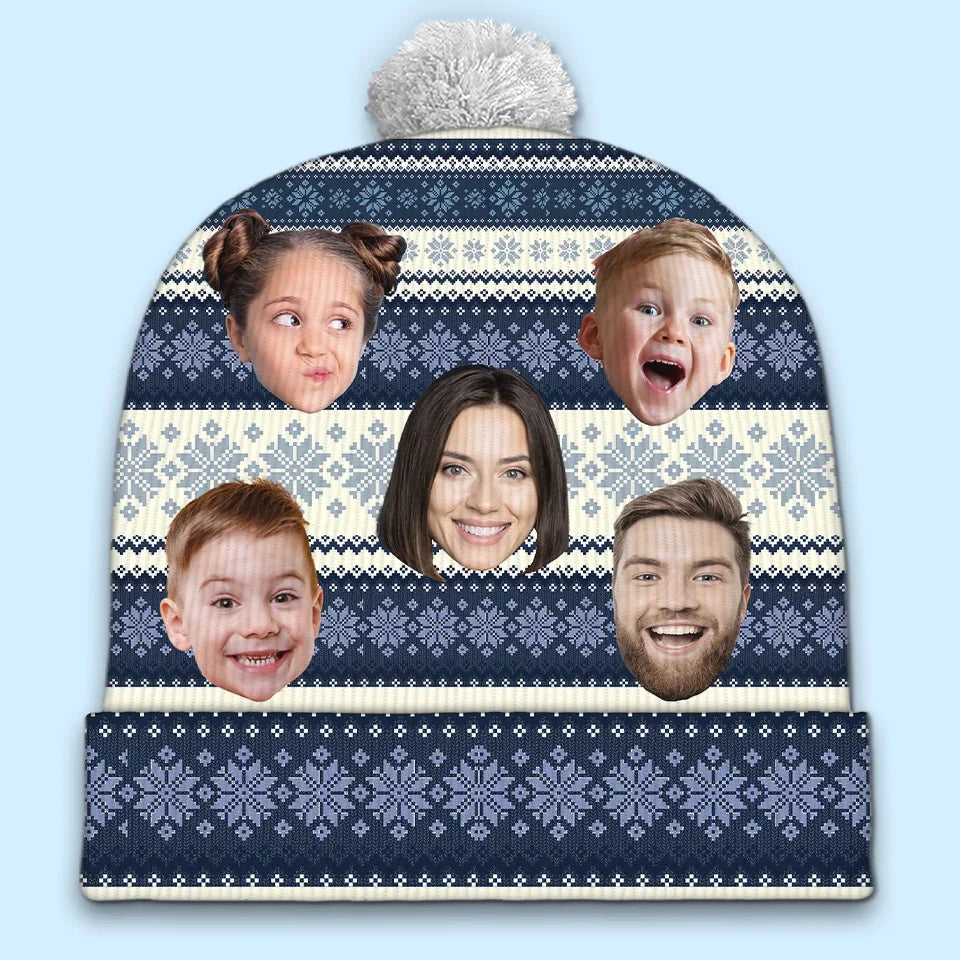 Custom Photo Family Makes Christmas Merrier And Brighter - Family Personalized Custom Christmas Beanie Hat - Christmas Gift For Family Members