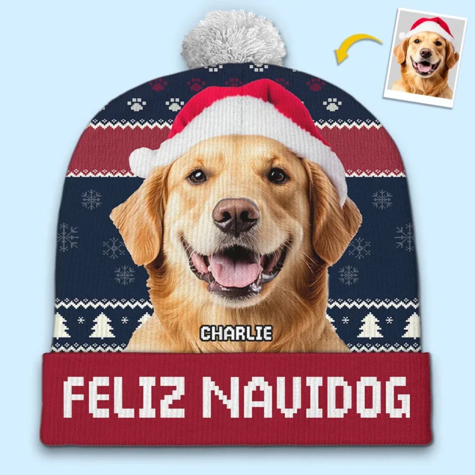 Custom Photo Feliz Navidog - Dog & Cat Personalized Custom Christmas Beanie Hat - Christmas Gift For Pet Owners, Pet Lovers