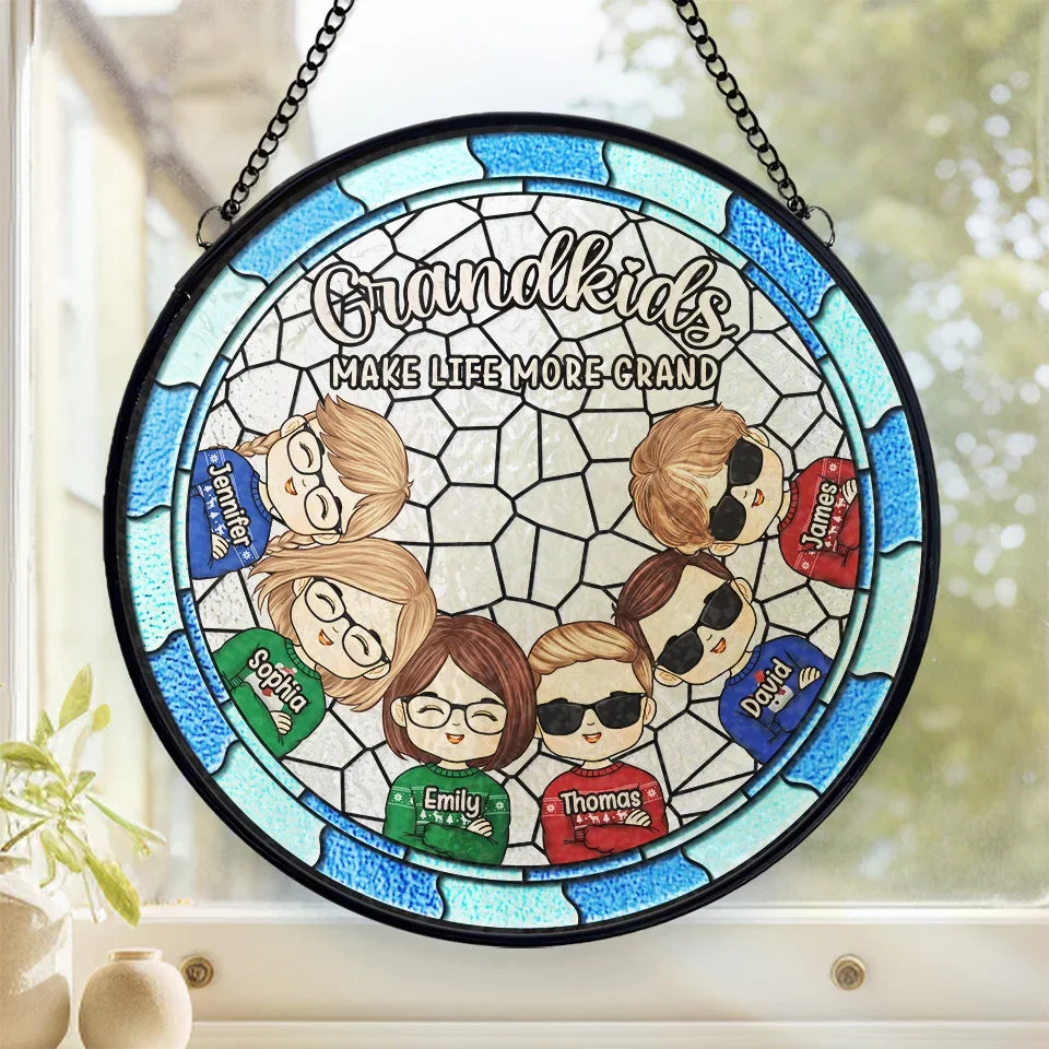 Grandkids Make Life More Grand - Family Personalized Custom Stained Glass Window Hanging Suncatcher - Christmas Gift For Grandma, Grandpa