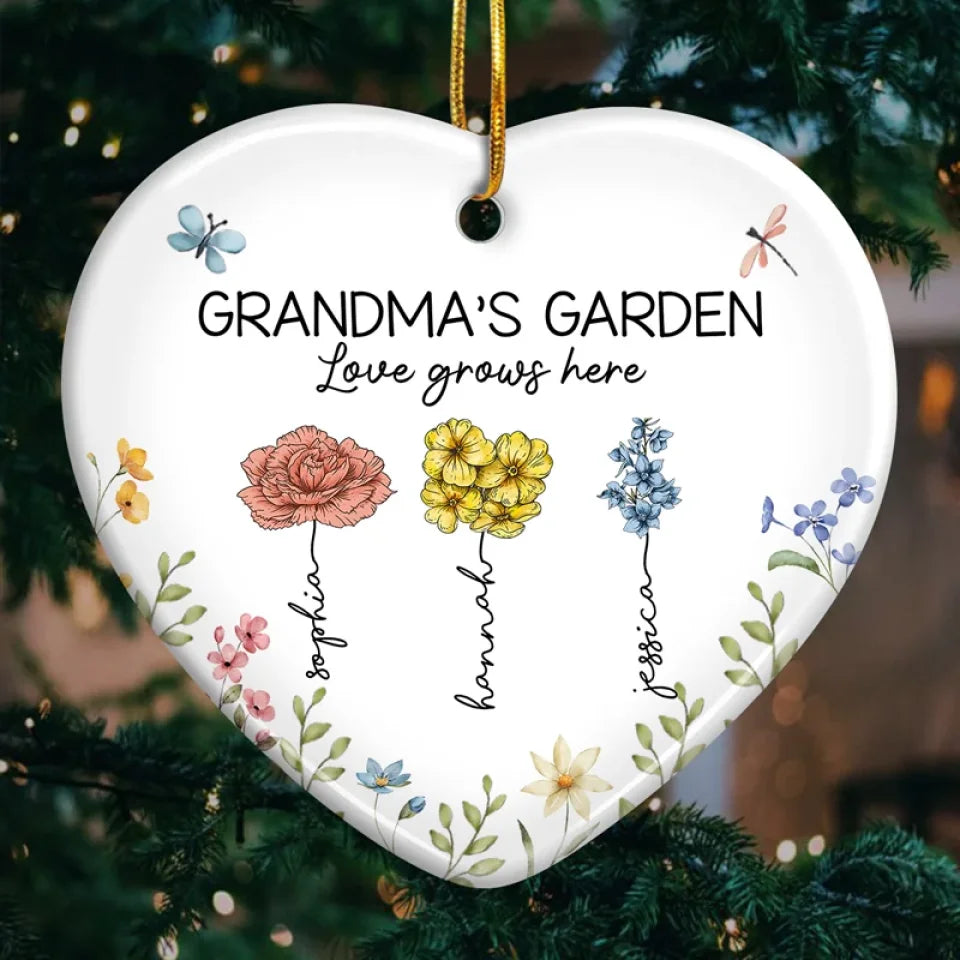 Grandma's Favorite Garden - Family Personalized Custom Ornament - Ceramic Heart Shaped - Christmas Gift For Grandma, Grandkid