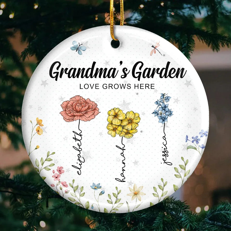 Just As Flowers Bring Color To The Garden, Grandma Bring Joy To Our Hearts - Family Personalized Custom Ornament - Ceramic Round Shaped - Christmas Gift For Grandma